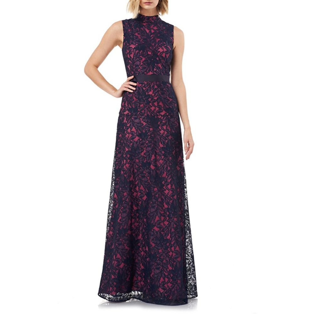 NEW Kay Unger Floral Lace Mock Neck Fit Flare Gown - Picture 1 of 8